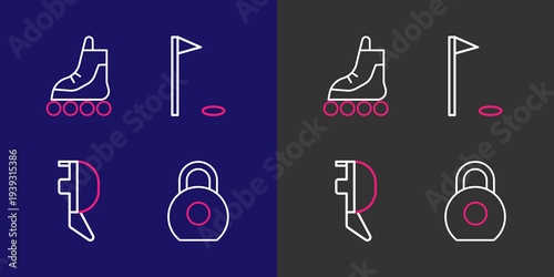 Set line Kettlebell, Fencing helmet mask, Golf flag and Roller skate icon. Vector