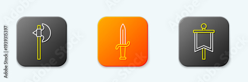 Set line Medieval axe, Dagger and flag icon. Vector
