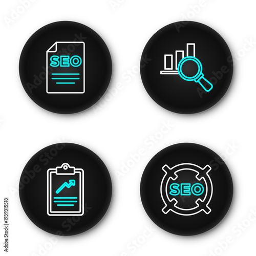 Set line SEO optimization, Clipboard with graph chart, Magnifying glass and analysis and icon. Vector