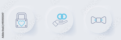 Set line Bow tie, Wedding rings and Lock and heart icon. Vector