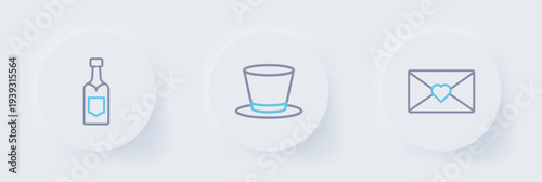 Set line Envelope with Valentine heart, Cylinder hat and Champagne bottle icon. Vector