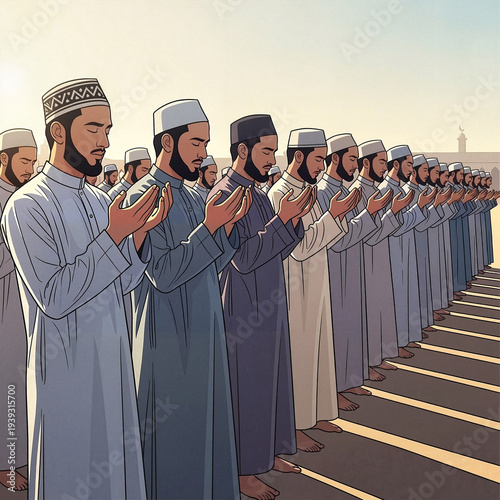 Group of Muslim men performing Islamic prayer on Eid morning  