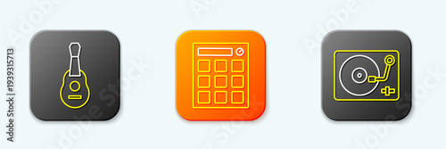 Set line Guitar, Drum machine and Vinyl player with vinyl disk icon. Vector