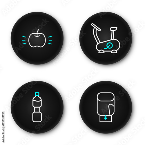 Set line Boxing glove, Bottle of water, Stationary bicycle and Apple icon. Vector