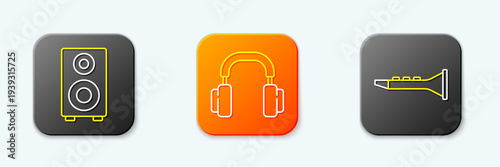Set line Stereo speaker, Headphones and Clarinet icon. Vector