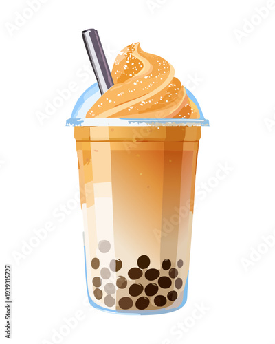Brown sugar pearl milk tea with creamy foam topping and chewy boba pearls served in a tall clear plastic cup - Vector Illustration