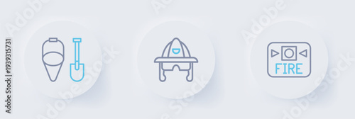 Set line Fire alarm system, Firefighter helmet and shovel and bucket icon. Vector