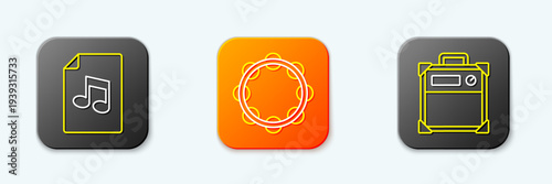 Set line Music book with note, Tambourine and Guitar amplifier icon. Vector