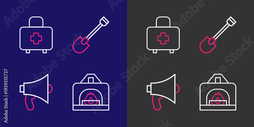 Set line Interior fireplace, Megaphone, Fire shovel and First aid kit icon. Vector