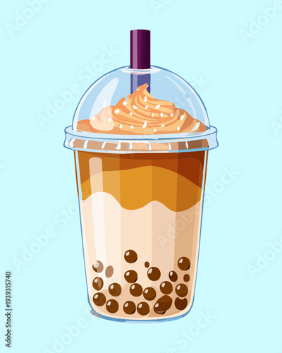 Classic bubble milk tea with dark pearls and fresh milk layers in a transparent container with a purple straw - Vector Illustration