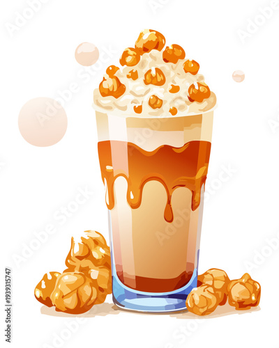 Gourmet caramel popcorn milkshake with whipped cream topping and crunchy popcorn pieces falling around a tall glass of smoothie - Vector Illustration