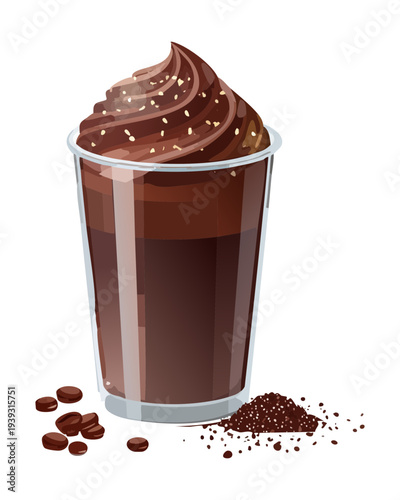 Rich dark chocolate mocha coffee with cocoa powder dusting and roasted coffee beans scattered at the bottom of glass - Vector Illustration