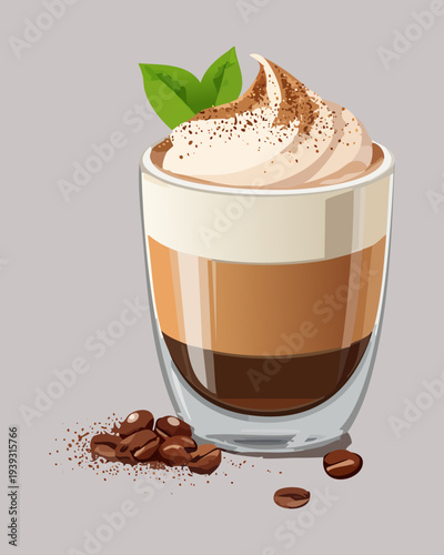 Creamy cappuccino with artistic milk foam and fresh coffee beans on a grey square plate for a morning start - Vector Illustration