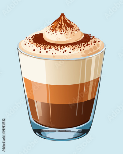 Delicious latte macchiato with perfect layers of espresso and milk foam topped with cocoa powder in a clear glass - Vector Illustration