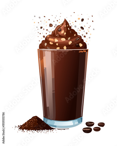 Layered chocolate cream dessert with cocoa sprinkles and coffee beans served in a transparent glass for a gourmet treat - Vector Illustration