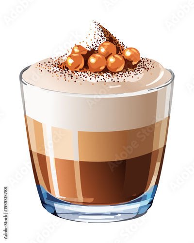 Hot chocolate drink with small marshmallow toppings and cocoa dusting in a small glass for a cozy winter treat - Vector Illustration
