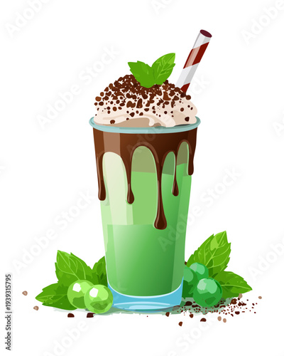 Refreshing iced matcha latte with chocolate drizzle and whipped cream topped with green tea powder and crunchy wafer sticks - Vector Illustration