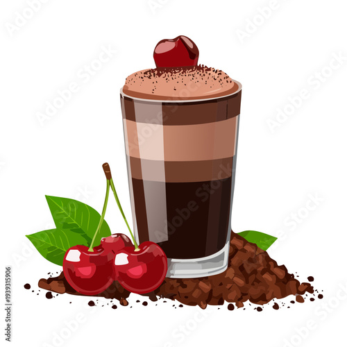 Layered chocolate dessert with cherry syrup and fresh red berries in a glass for a sweet and fruity treat - Vector Illustration