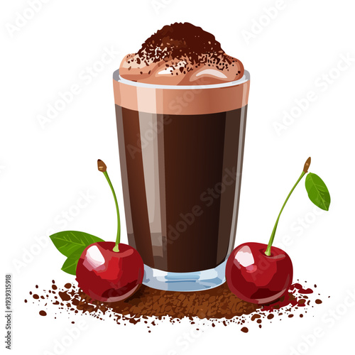 Dark chocolate smoothie with cherry garnish and chocolate shavings served in a tall glass for a rich fruity drink - Vector Illustration