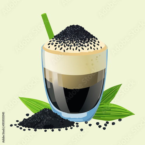 Healthy black sesame smoothie with whipped cream and seeds served in a glass with a green straw for energy - Vector Illustration