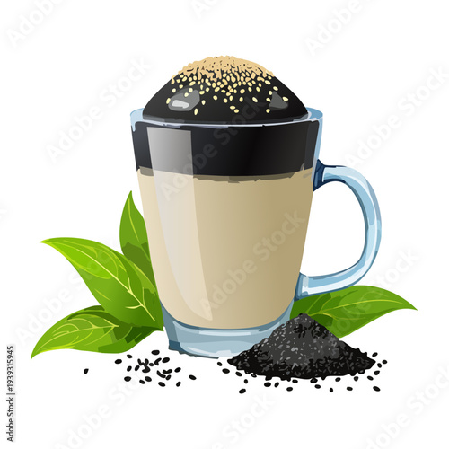 Creamy black sesame milk drink with foam topping and roasted sesame seeds in a clear glass mug for wellness - Vector Illustration