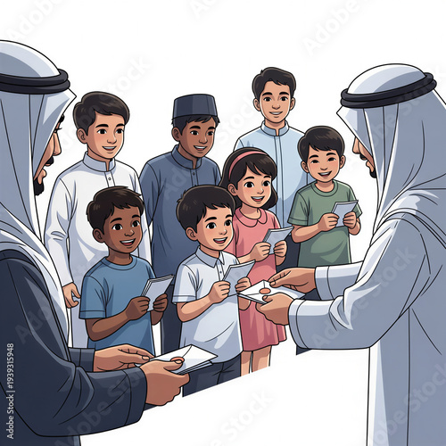 Kids receiving Eidi from men in traditional attire during celebration  