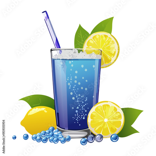Iced blueberry lemonade with citrus wedges and fresh berries in a glass for a colorful and cooling fruit drink - Vector Illustration