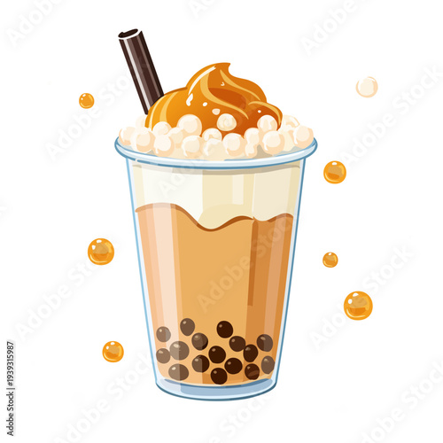 Sweet boba milk tea with golden pearls and creamy topping in a tall glass with a straw for refreshment - Vector Illustration
