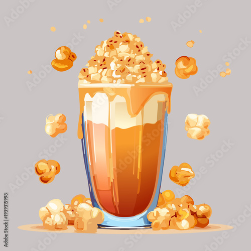 Gourmet caramel milkshake with popcorn topping and drizzled syrup in a tall glass for a sweet cinema snack - Vector Illustration