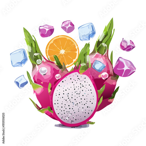 Tropical dragon fruit smoothie with fresh orange slices and purple ice cubes for a vibrant summer drink - Vector Illustration