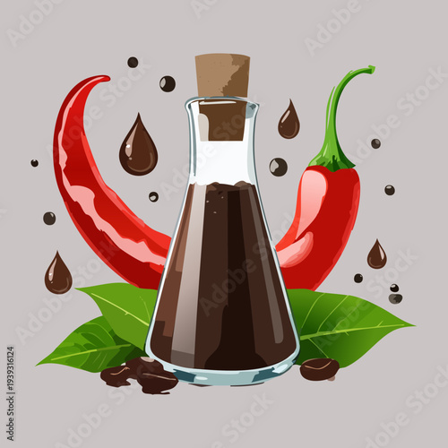 Spicy chili chocolate sauce with glass bottle and fresh red peppers for a gourmet cooking ingredient or dip - Vector Illustration