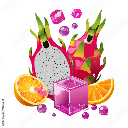 Exotic dragon fruit lemonade with fresh orange wedges and ice cubes for a bright and tropical summer beverage - Vector Illustration