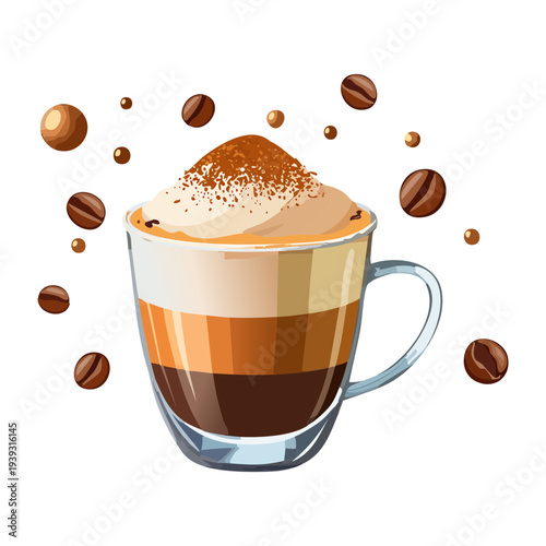Hot cappuccino in a glass cup with cocoa powder dusting and roasted coffee beans for a morning boost - Vector Illustration