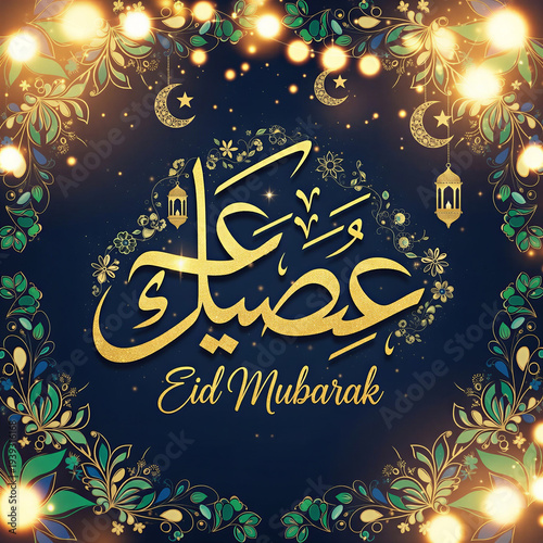 Eid Mubarak inscription in decorative style with floral elements  