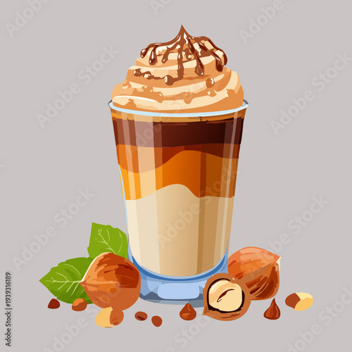 Creamy hazelnut milkshake with whipped cream and crunchy nuts served in a tall glass for a sweet dessert - Vector Illustration