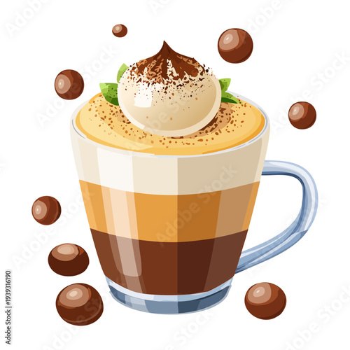Gourmet coffee latte with chocolate balls and creamy foam served in a glass mug for a sweet treat - Vector Illustration