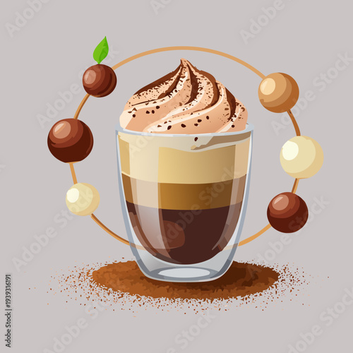 Layered mocha latte with chocolate spheres and cocoa powder garnish for an artistic and gourmet coffee experience - Vector Illustration