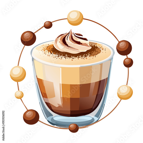 Artistic cappuccino with chocolate decorations and creamy milk foam in a clear glass for a fancy coffee break - Vector Illustration