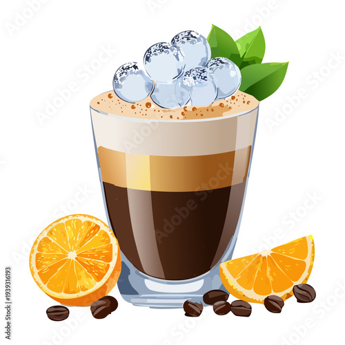 Iced mocha coffee with orange zest and chocolate shavings in a tall glass for a bright citrus refreshment - Vector Illustration