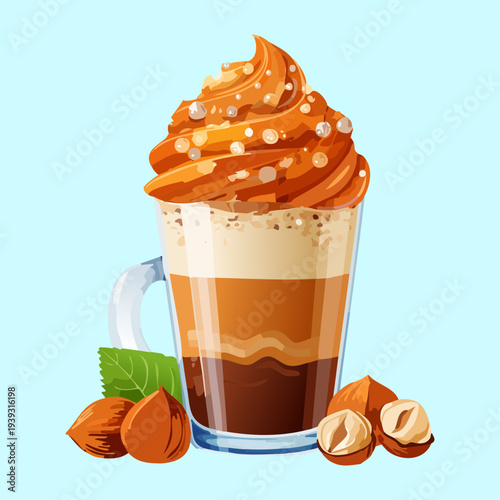 Sweet hazelnut latte with whipped cream and roasted nuts in a glass mug for a nutty coffee treat - Vector Illustration