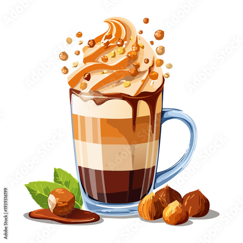 Gourmet hazelnut macchiato with caramel drizzle and roasted nuts in a clear glass for a delicious coffee break - Vector Illustration