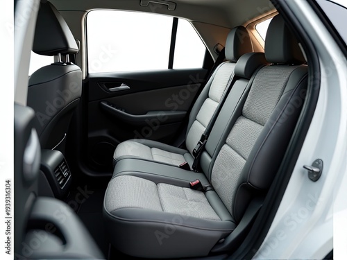A picture of the back seats of a car with a remote control on the center console