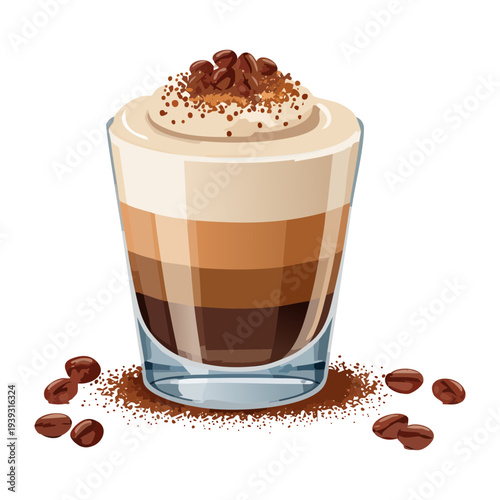 Iced mocha coffee with cocoa powder and coffee beans in a glass for a refreshing caffeine boost - Vector Illustration