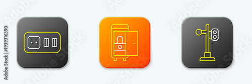 Set line Electrical outlet, Toilet in the train car and Train traffic light icon. Vector