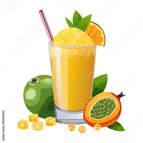 Chilled passion fruit lemonade with orange slices and ice cubes in a tall glass for a tropical refreshment - Vector Illustration
