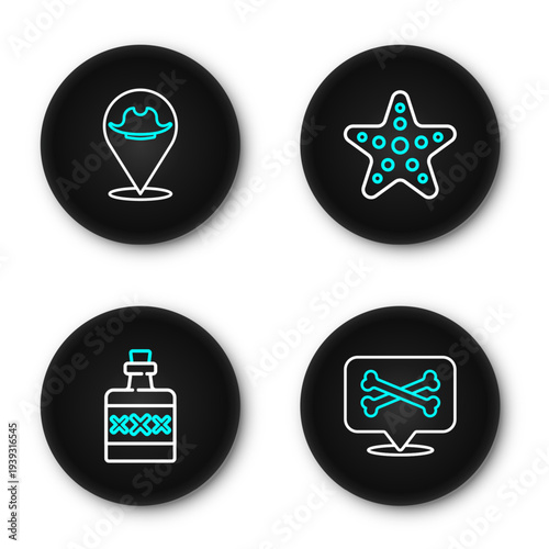 Set line Location pirate, Alcohol drink Rum, Starfish and icon. Vector