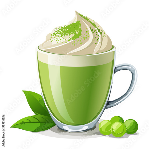 Hot matcha latte with creamy milk foam and green tea powder in a glass mug for wellness - Vector Illustration