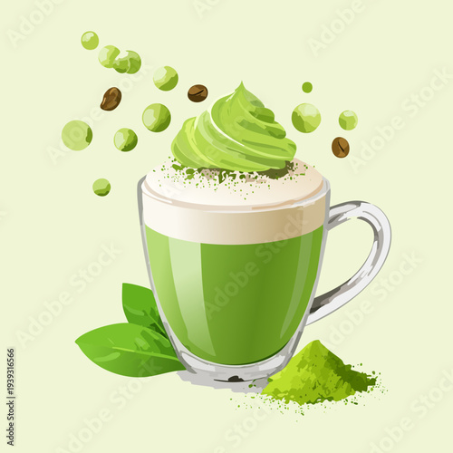 Healthy matcha smoothie with whipped cream and green tea powder served in a glass for an energy boost - Vector Illustration