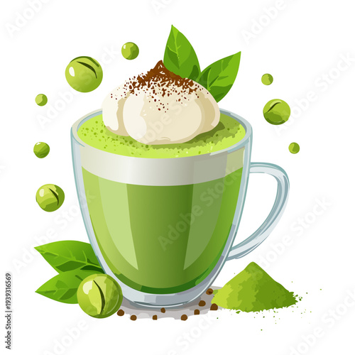 Iced matcha latte with whipped cream and green tea leaves in a clear glass for a cooling drink - Vector Illustration