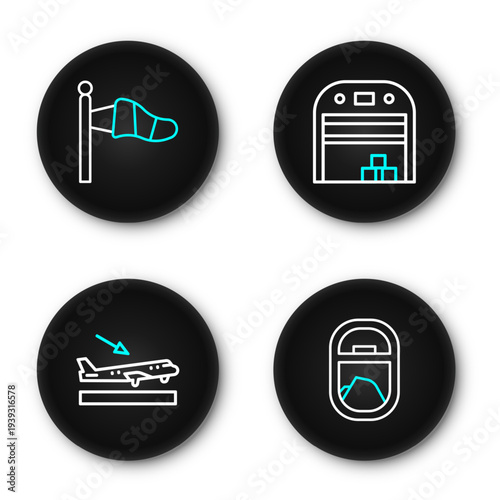 Set line Airplane window, Plane landing, Aircraft hangar and Cone meteorology windsock icon. Vector